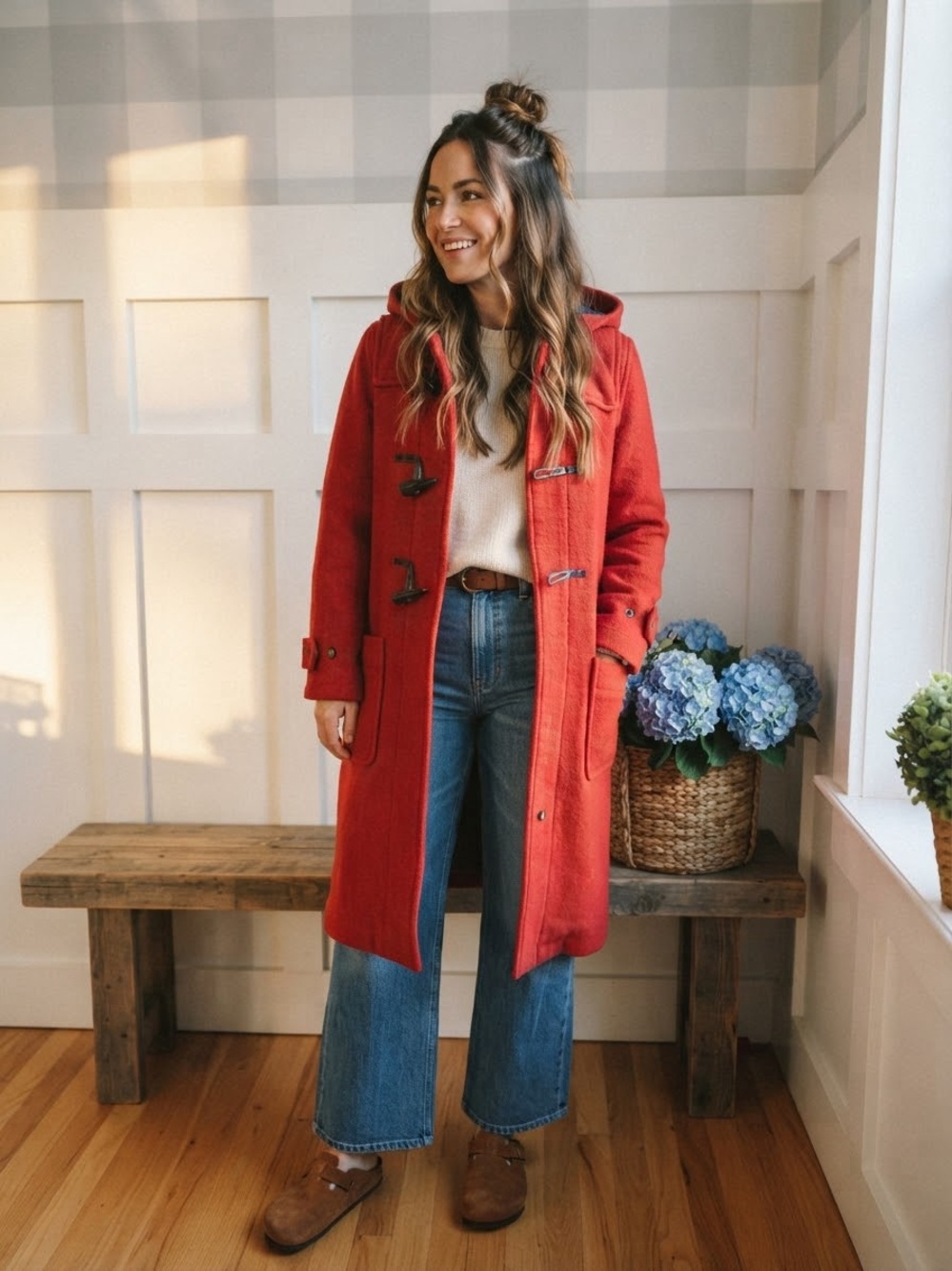 East Boy Red Hooded Toggle Pea Coat Medium